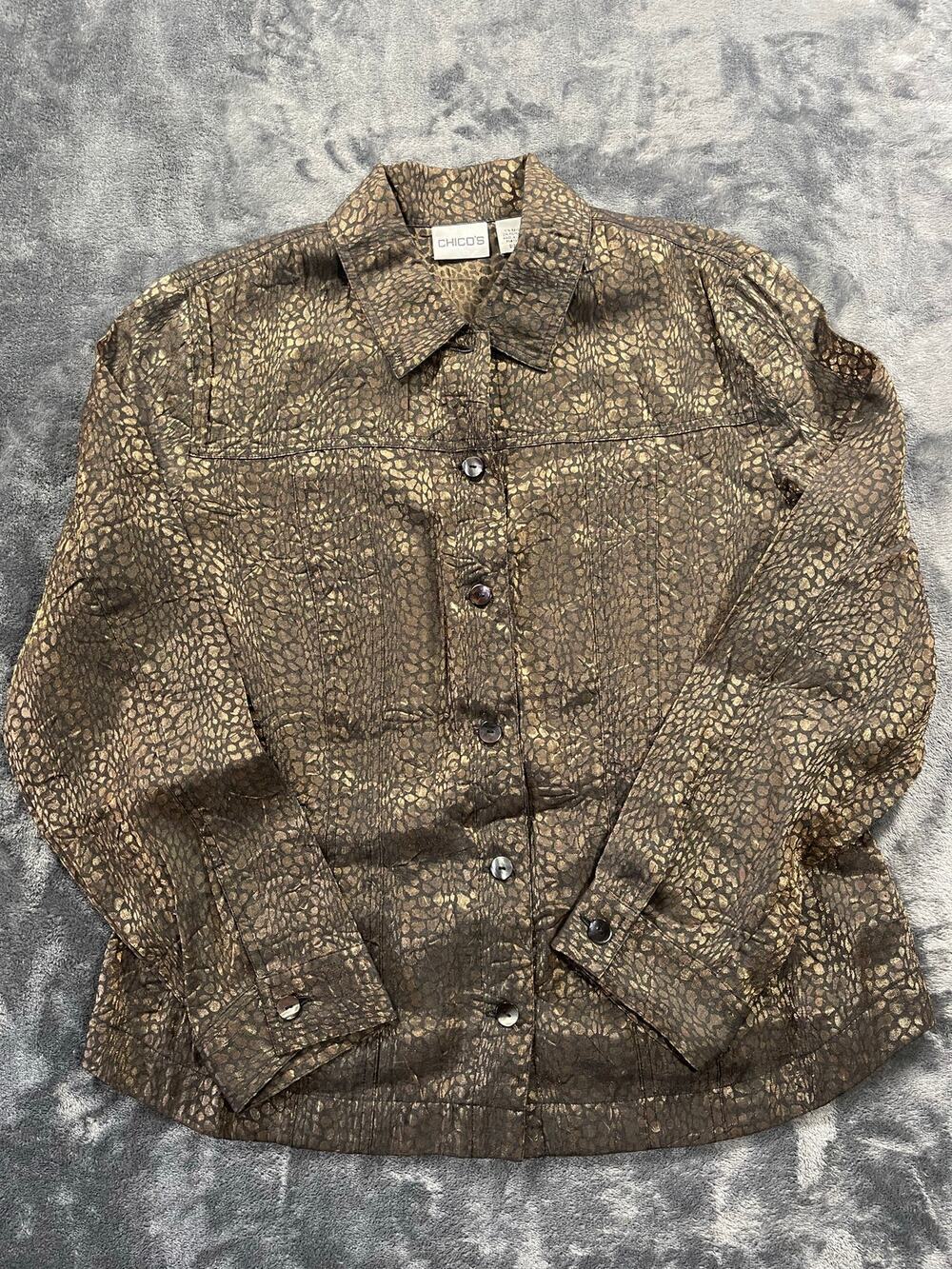 Chicos Glam Metallic Gold Leopard Animal Print Shimmery Button Down Top 1 M